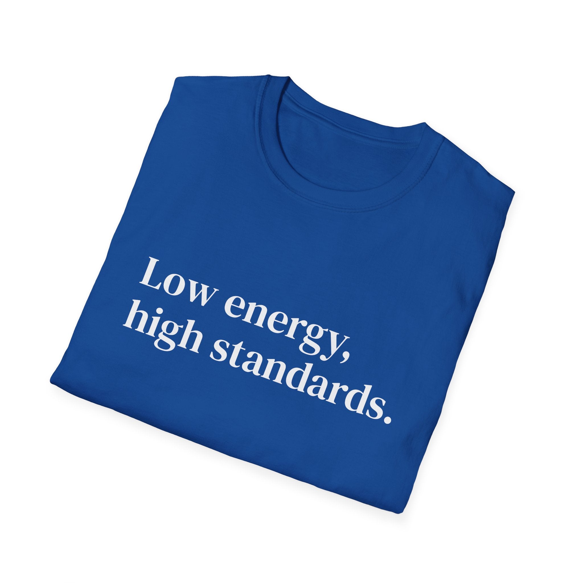 "Low energy, high standards." Minimalist Slogan Tee