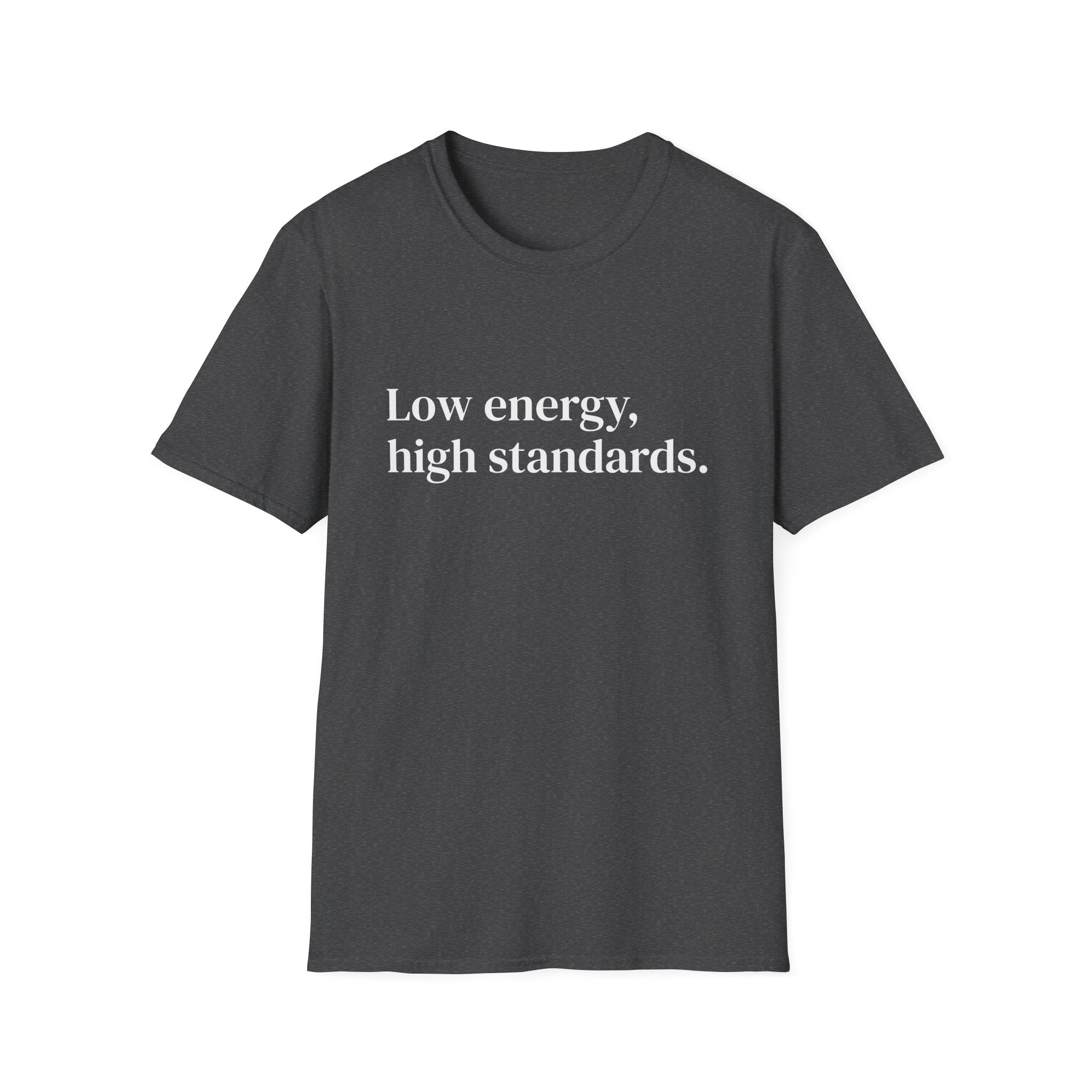 "Low energy, high standards." Minimalist Slogan Tee