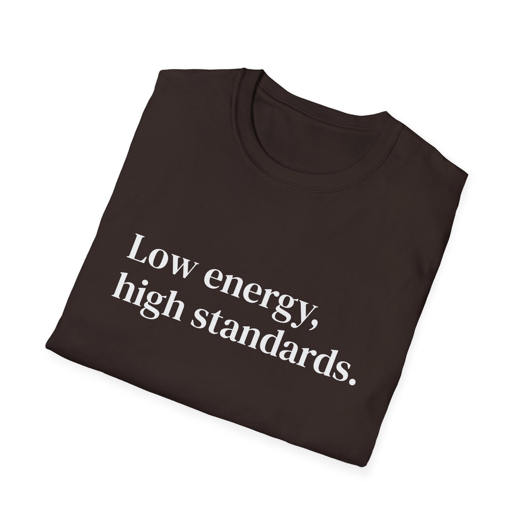"Low energy, high standards." Minimalist Slogan Tee