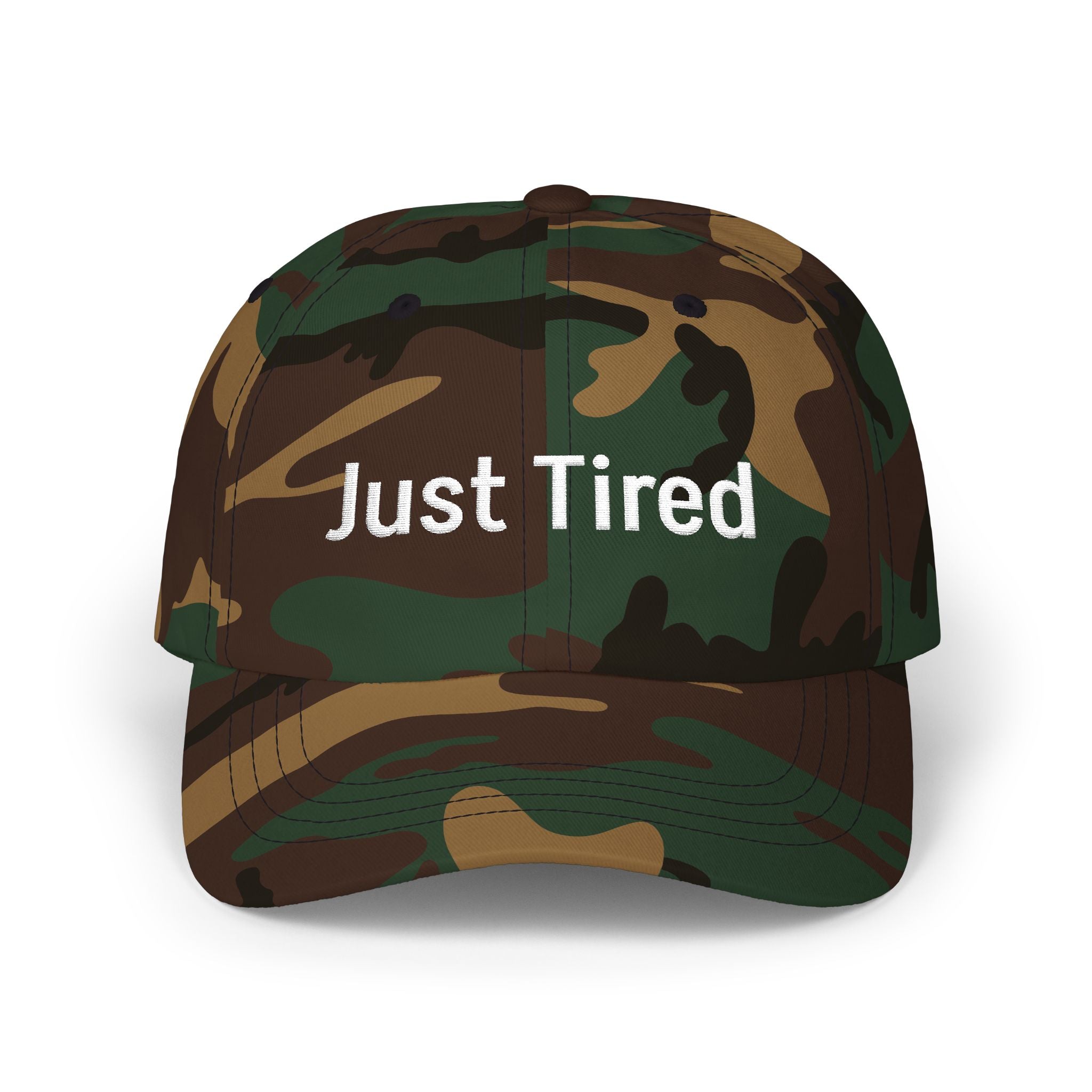 Camouflage 'Just Tired' Dad Cap — Camo Baseball Hat for Tired Parents & Outdoor Fans