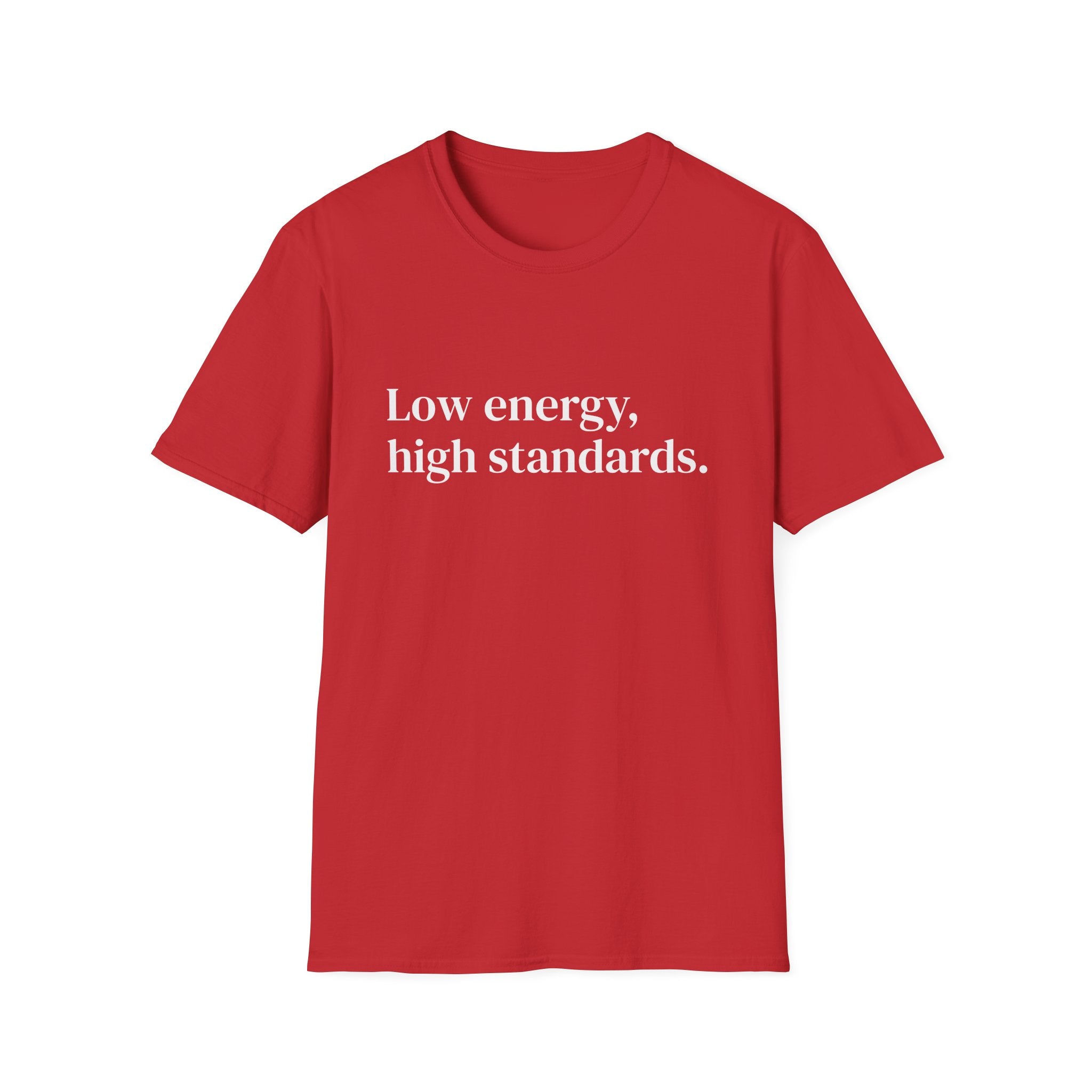"Low energy, high standards." Minimalist Slogan Tee